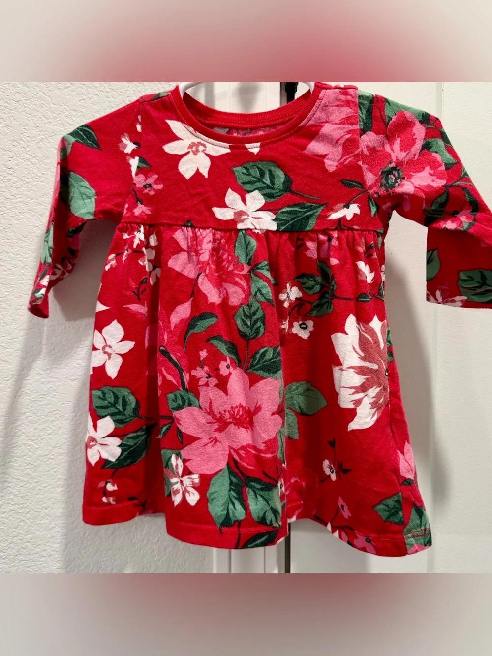 Old Navy Baby Pullover Red Pink Green White Floral Long Sleeve Dress 3-6 Months